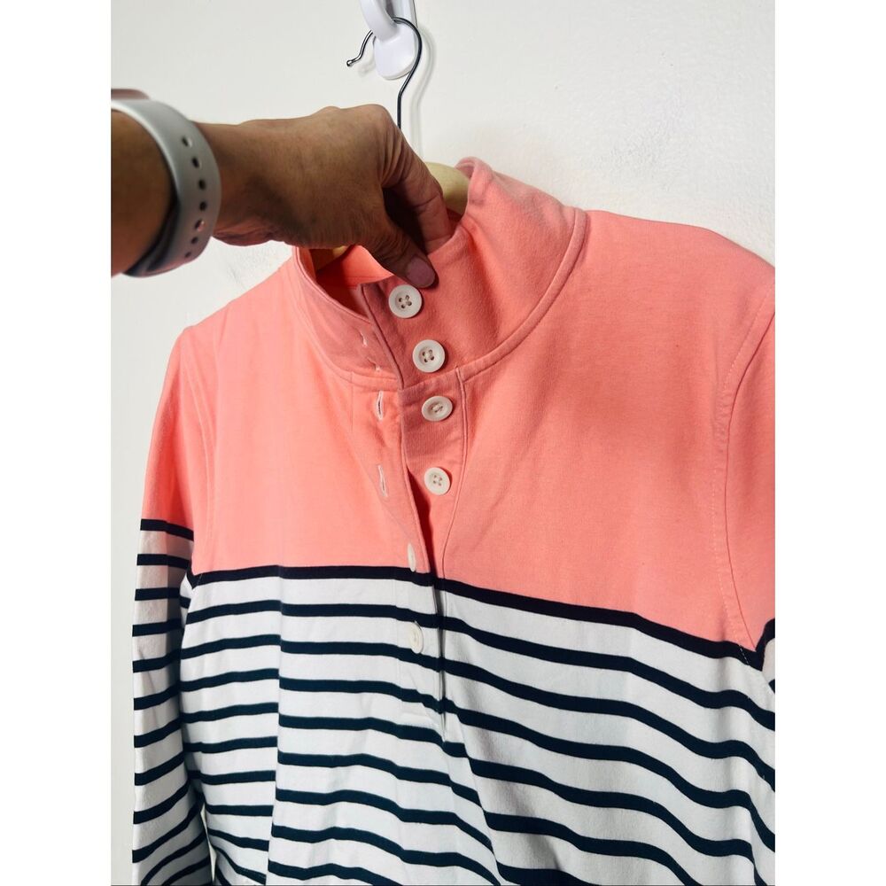 T by Talbots Coral Black White Stripe Pullover Popover Sz Large - Picture 2 of 8